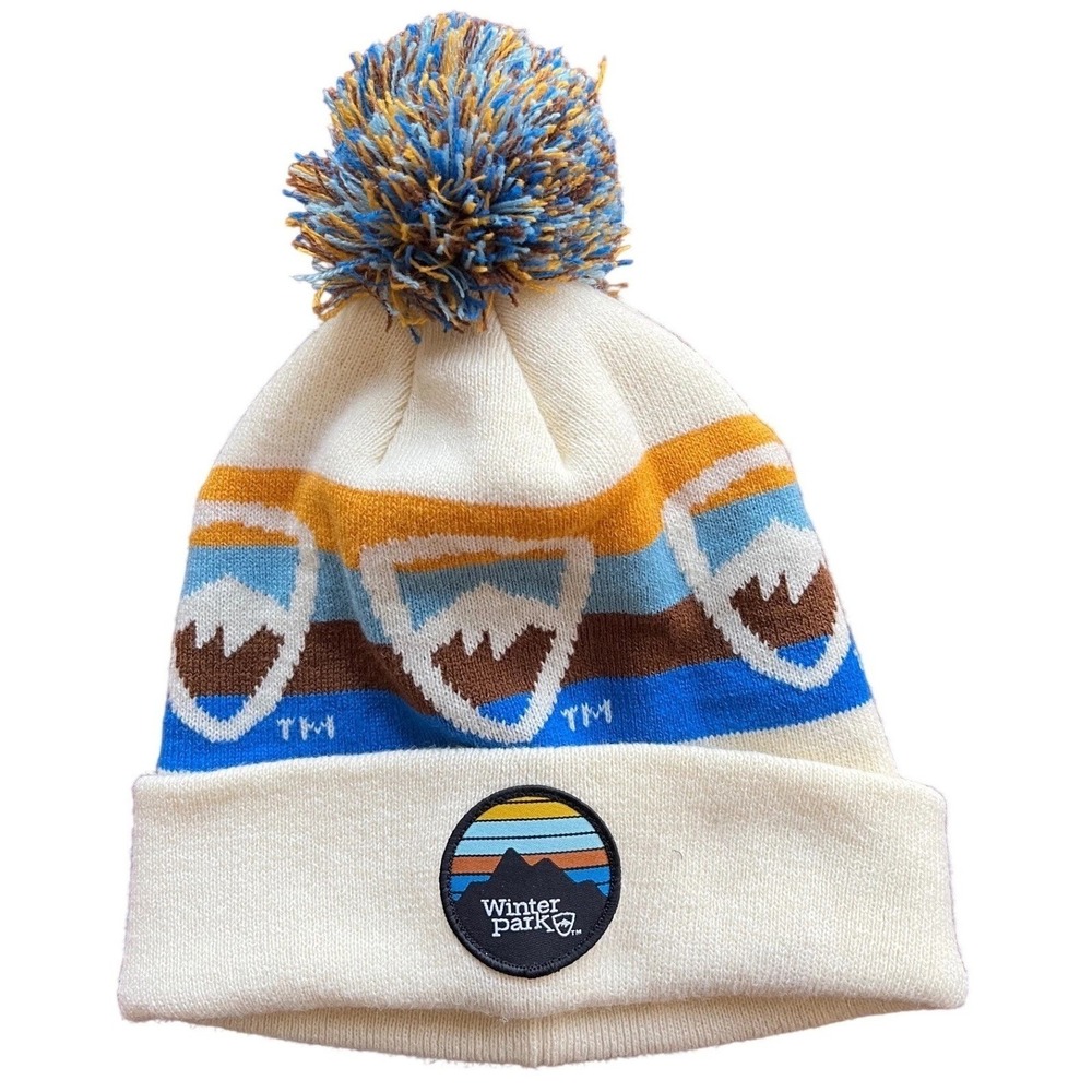 Locale‎ Winter Park Colorado Mountain Knit Pom Beanie Hat Cream Blue Orange
